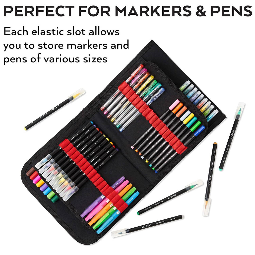Marker pen organizer case with elastic loop slots, holding multicolor markers and pens