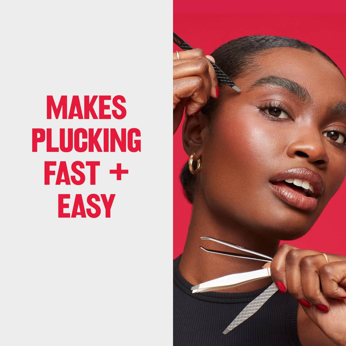 Revlon slant tweezer with red grip tip and angled ends near eyebrow area