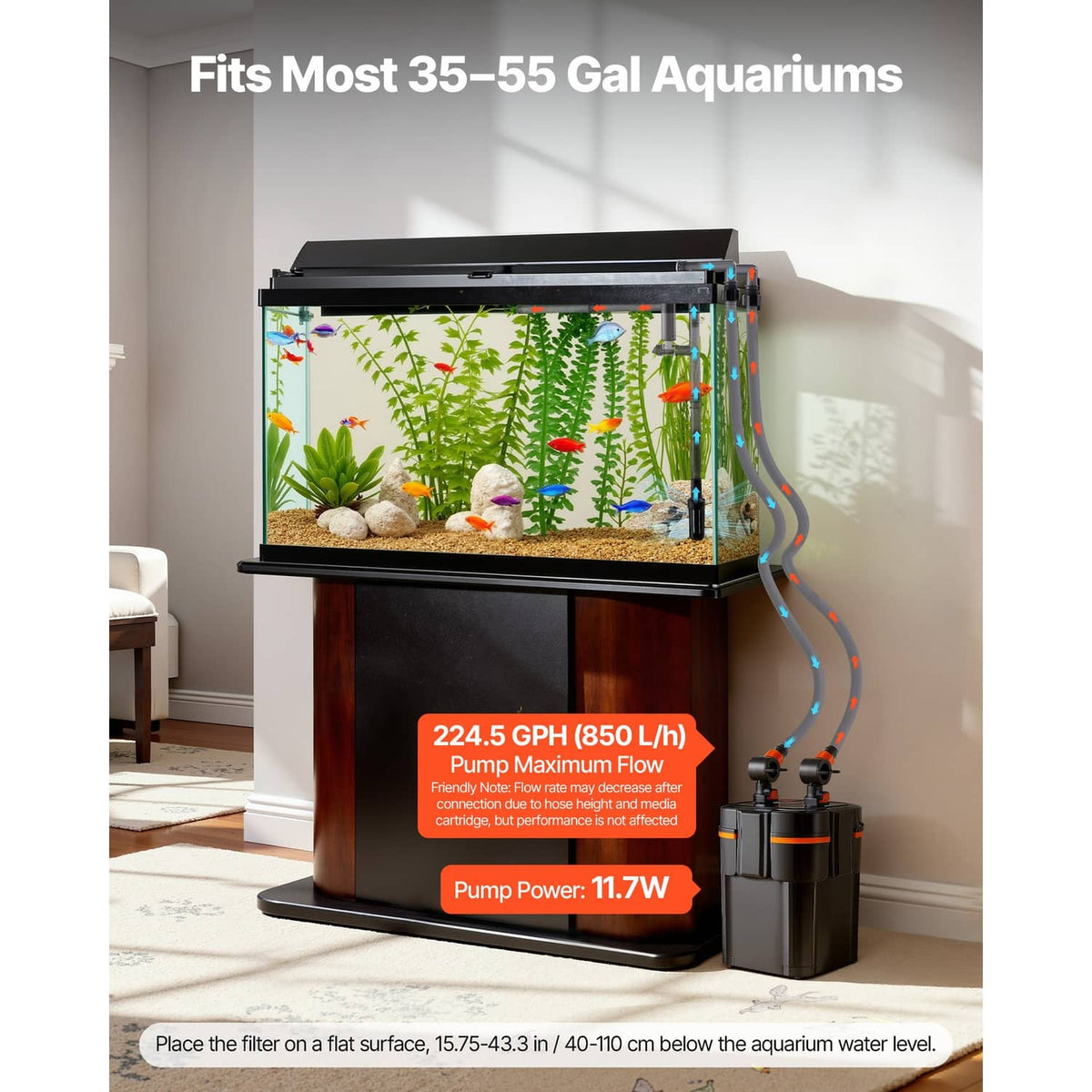 External aquarium filter canister with black top and dual intake/outlet nozzles
