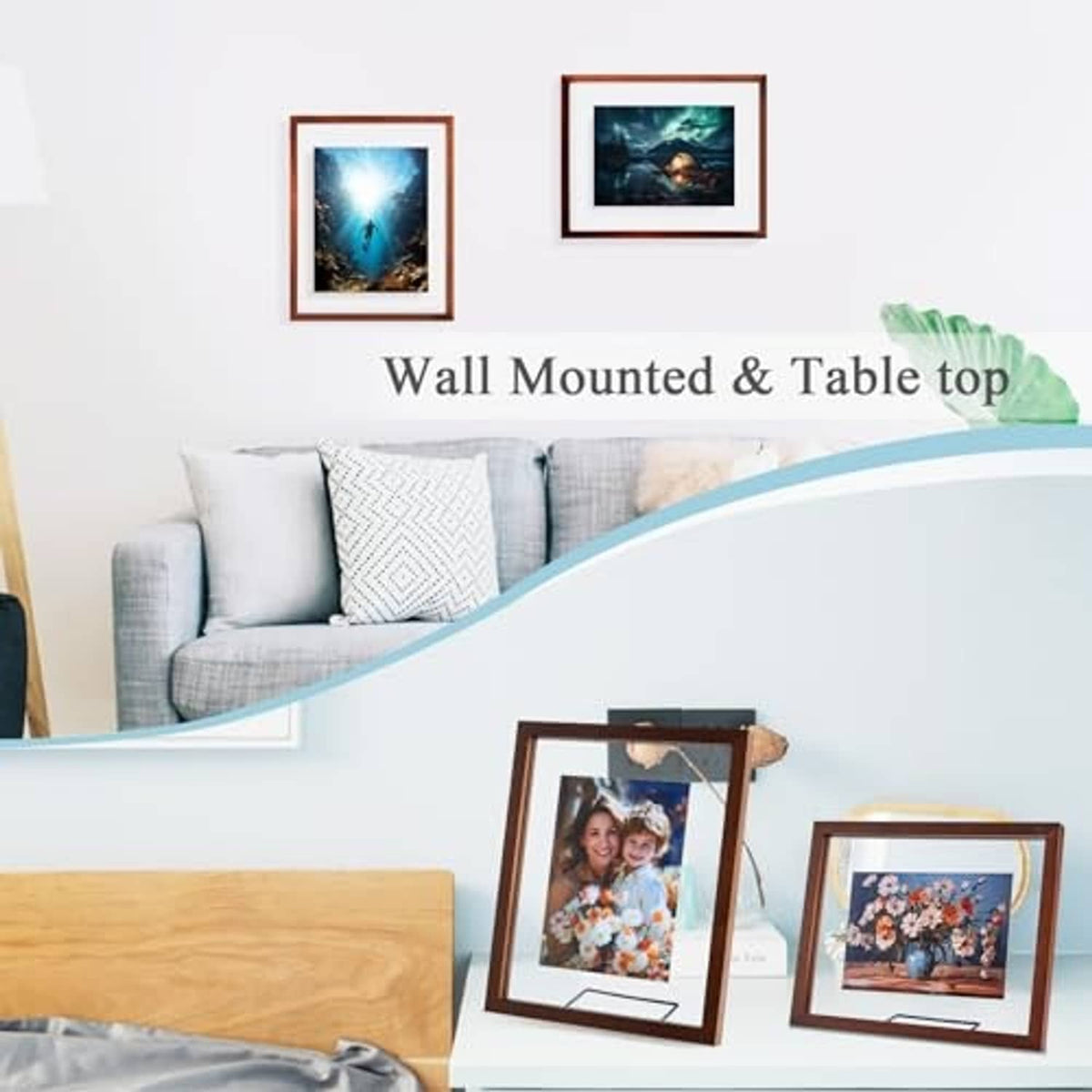 Walnut photo frames with floating effect, wall-mounted and table-top display