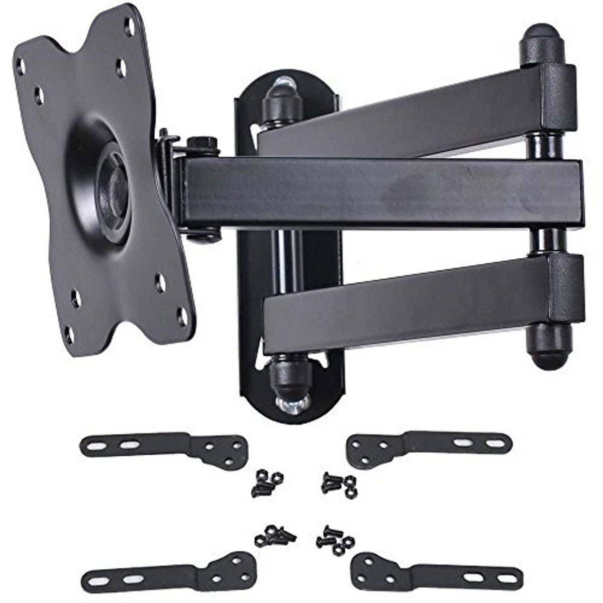 TV wall mount bracket kit with mounting plate, tilt arm, and included screws