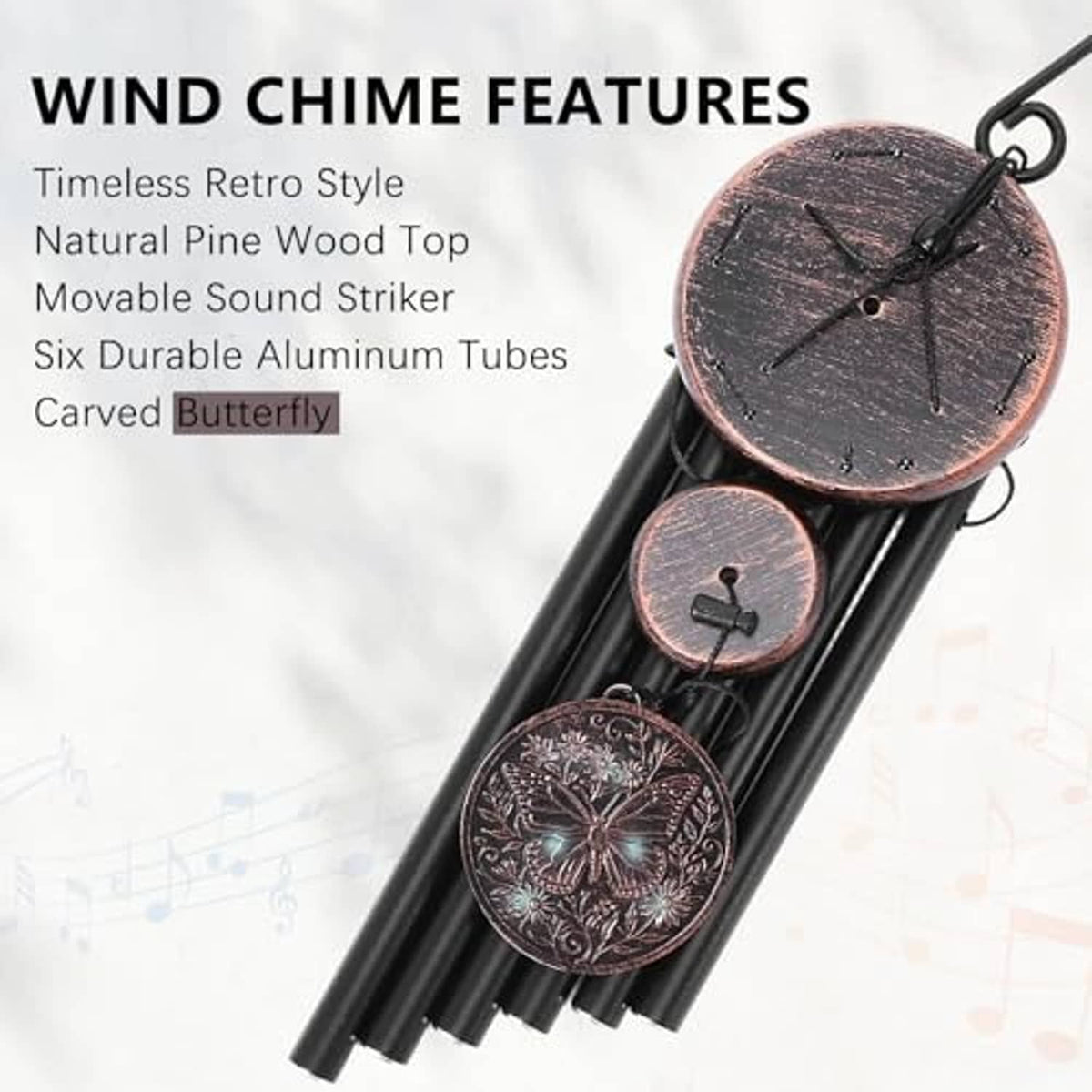 Retro wind chime with dark copper circular top and butterfly medallion over six tubes