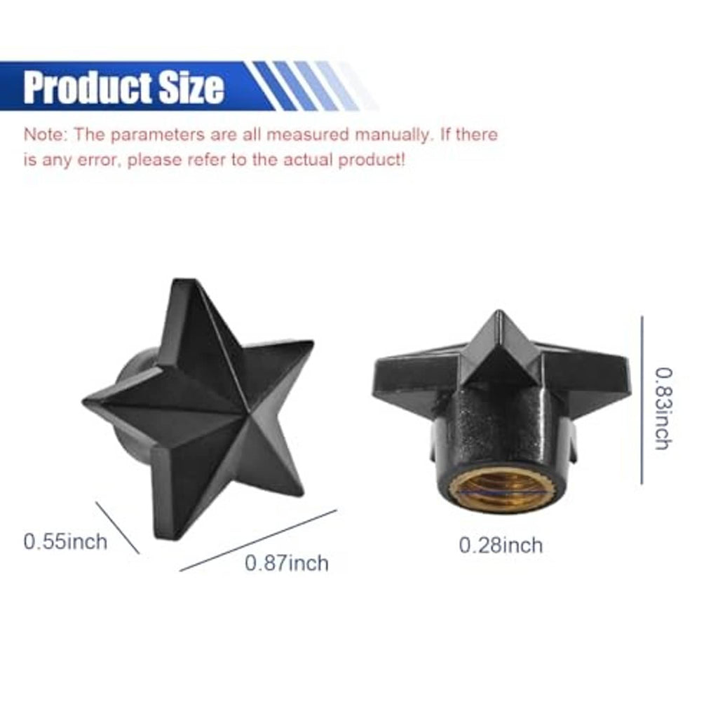 Black five-point star tire valve stem caps with product size dimensions shown