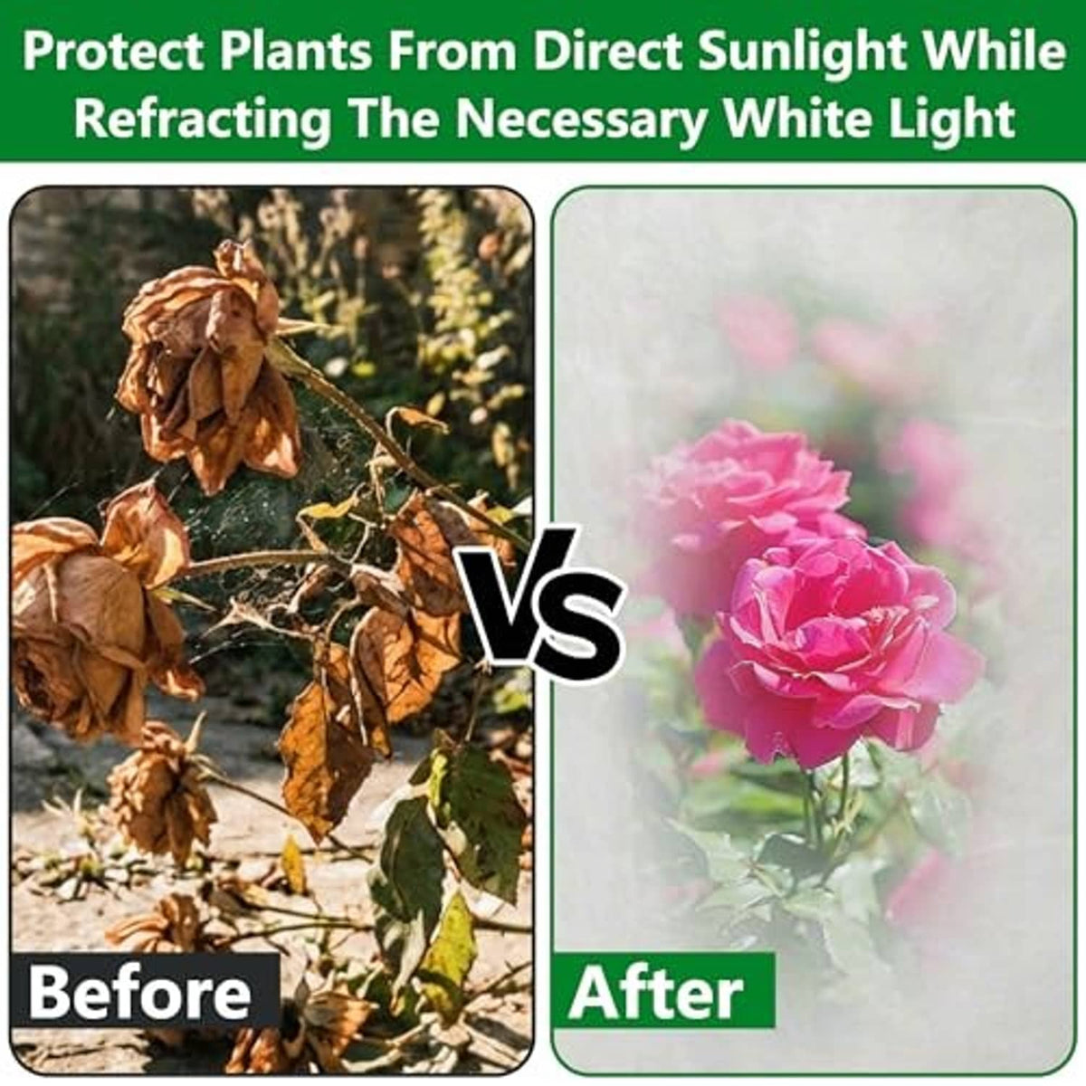 White plant shade cover bag shown with before-and-after sunlight protection graphic