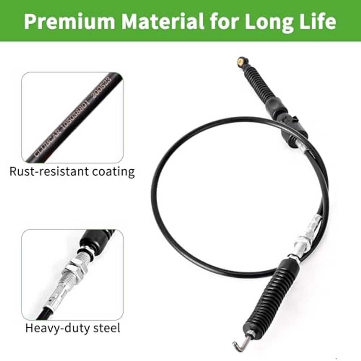 Forward/reverse golf cart shift cable, black coil boots, threaded metal ends