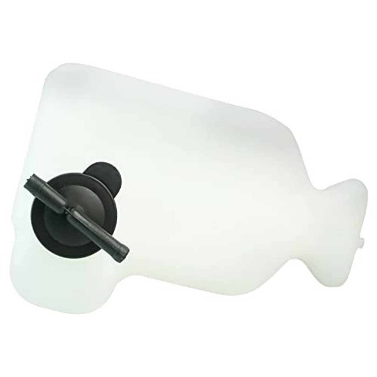 Translucent coolant reservoir tank with black cap and side outlet spout