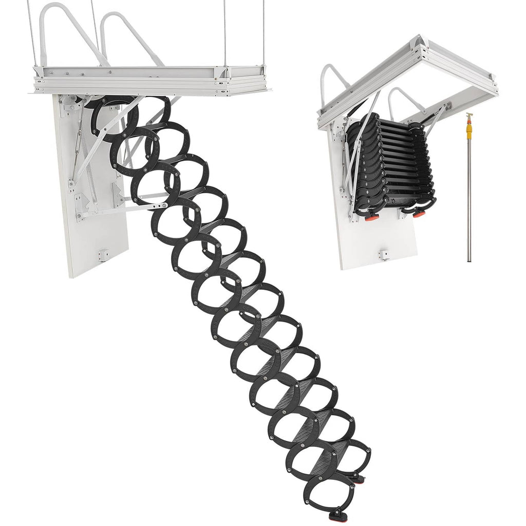Ceiling attic ladder extended with round steps and white steel mounting box