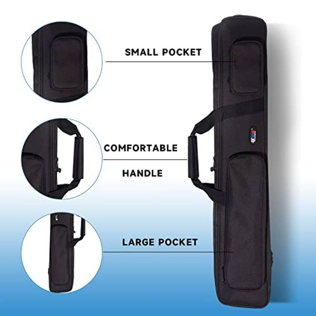Black pool cue case with comfortable handle, small pocket, and large pocket