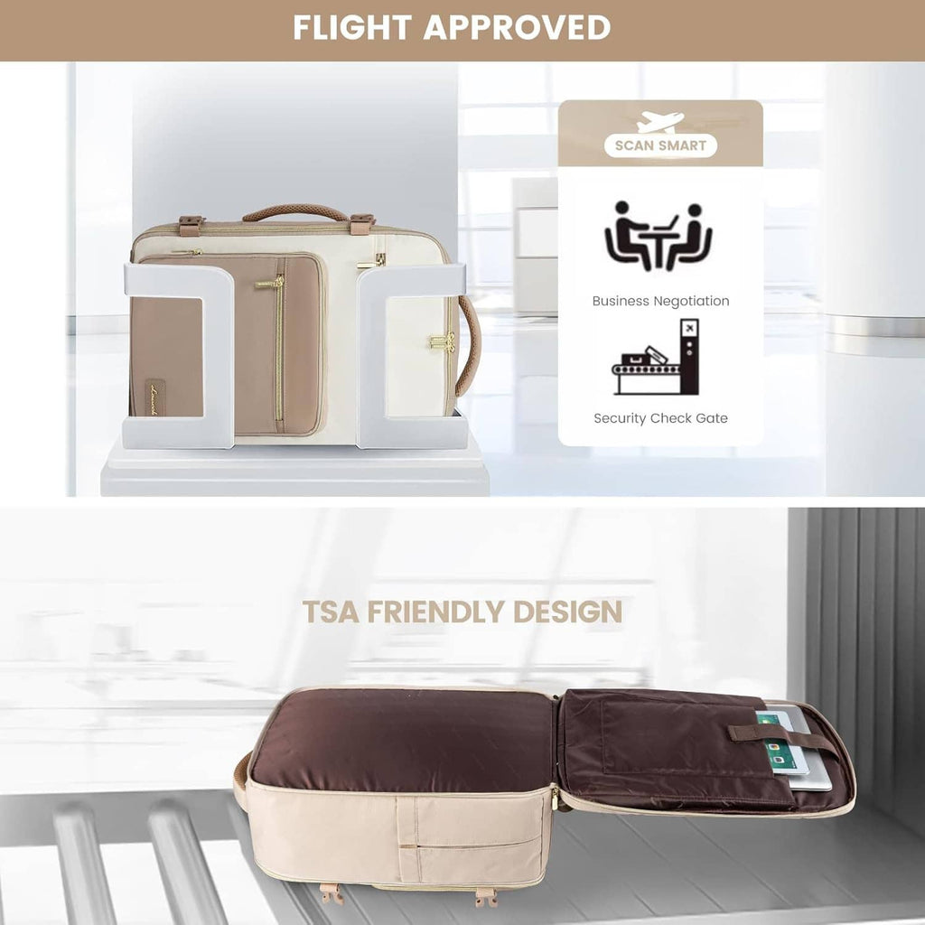 Beige and dark-brown travel backpack with zippered compartments and front organizer panel