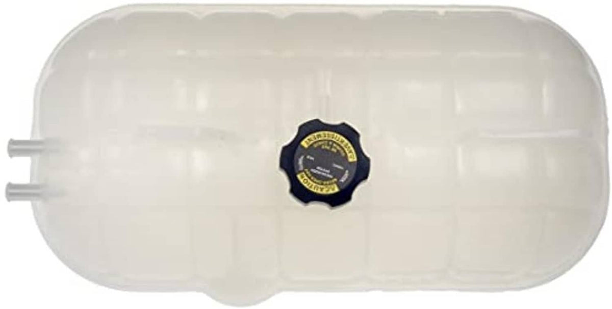 Translucent coolant reservoir tank with dark labeled cap on top