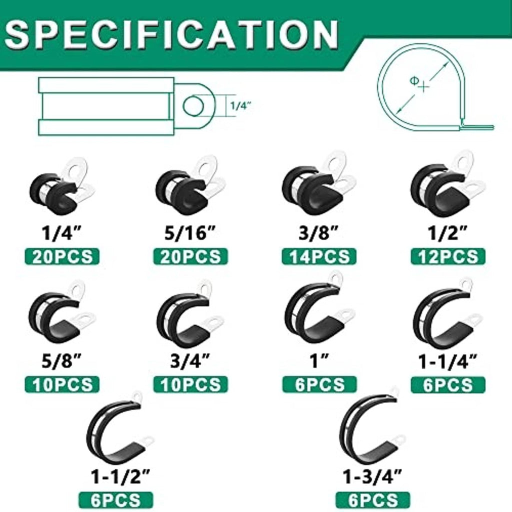 Assorted cable clamps diagram with black rubber-lined U-bands in multiple sizes