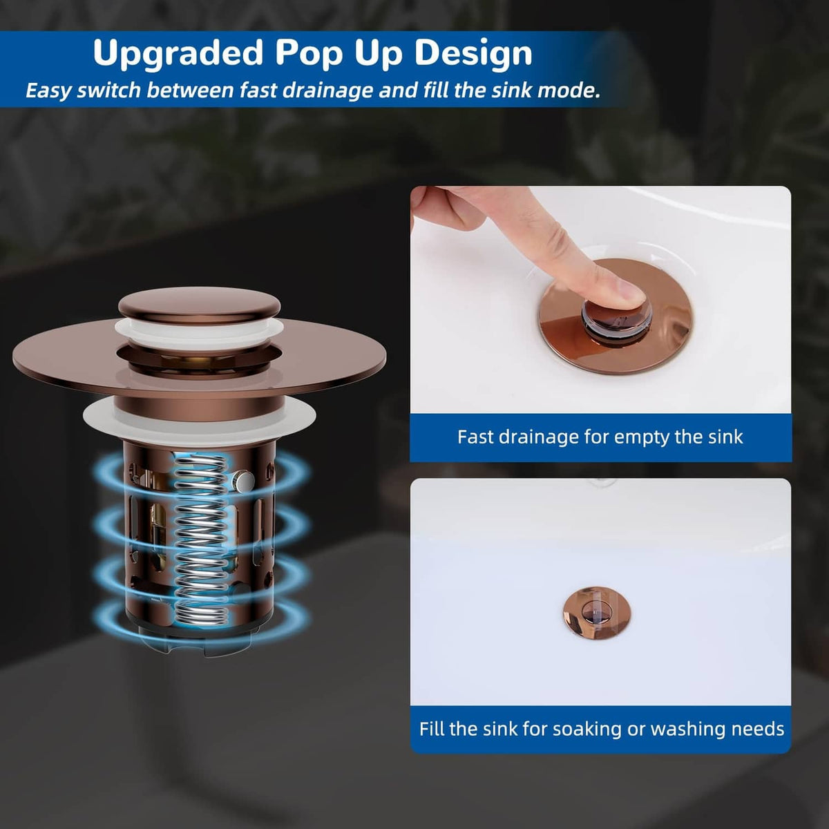 Rose gold pop-up sink stopper, push-to-open drain with round seal cover