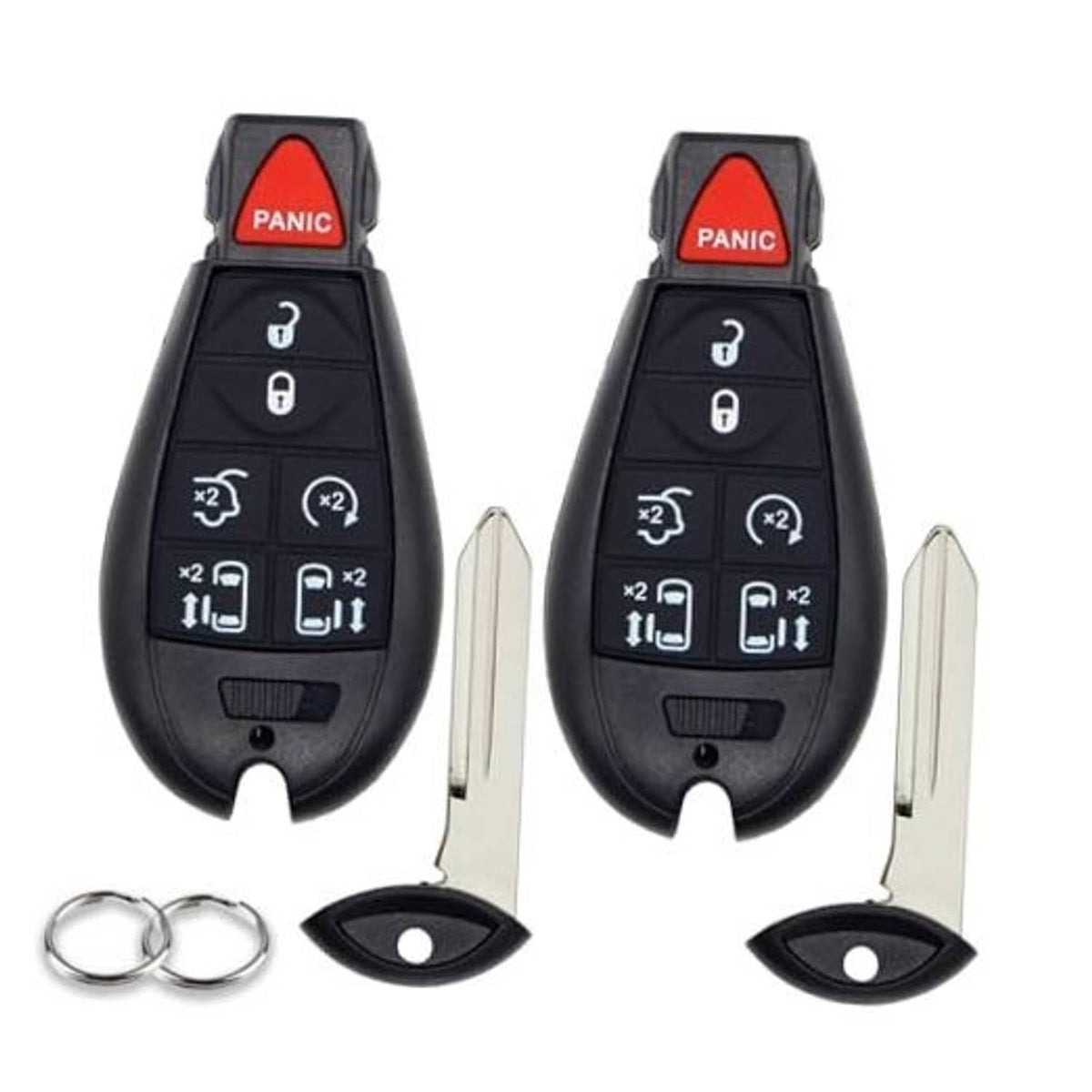 Black 7-button key fob replacement with red PANIC top, key blade and key rings