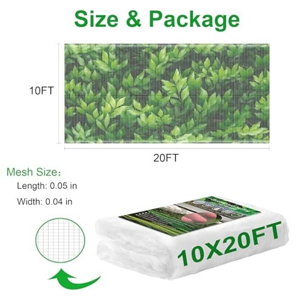 Garden netting size diagram with mesh grid and folded white netting roll