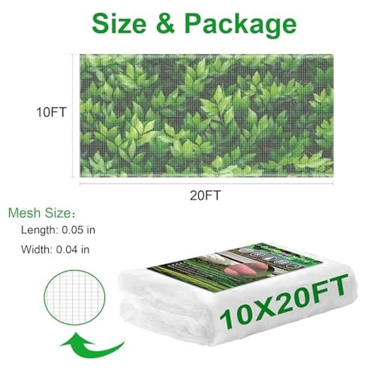 Garden netting size diagram with mesh grid and folded white netting roll