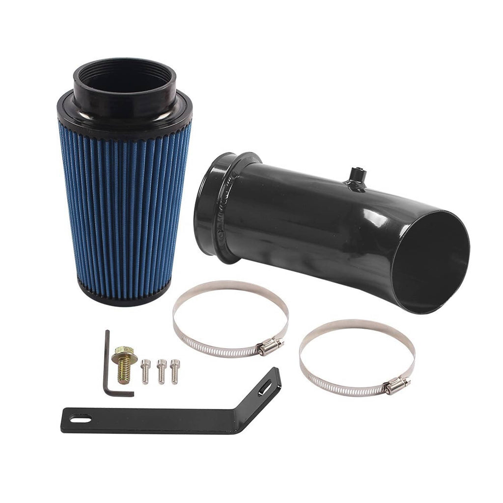 Cold air intake kit: blue pleated filter, black tube, clamps and mounting hardware