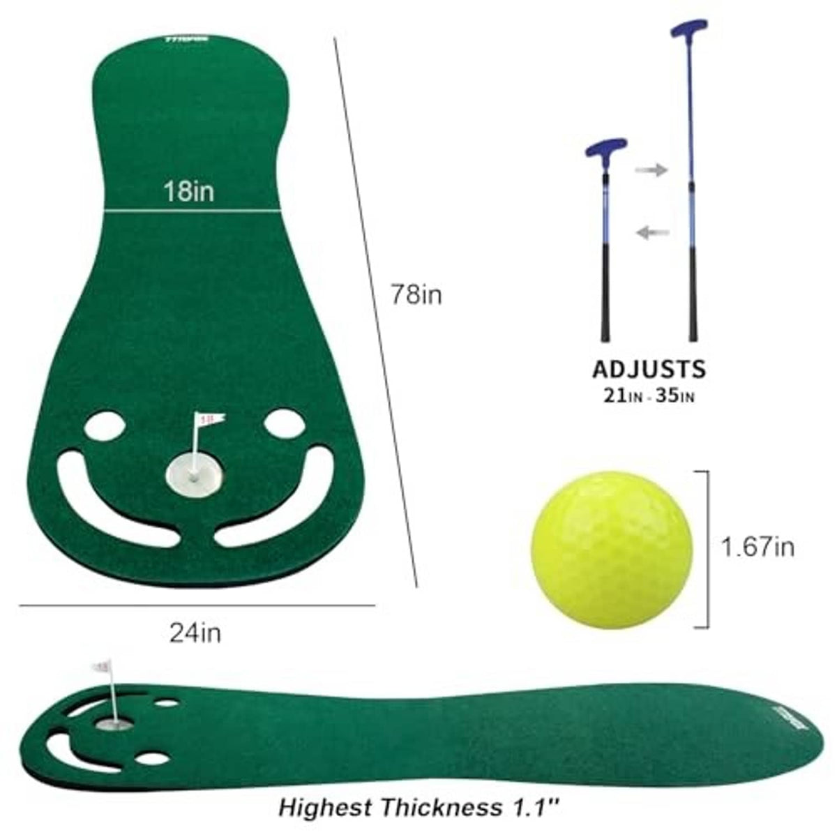 Green golf putting mat with 18in play area and adjustable putter height shown by diagram