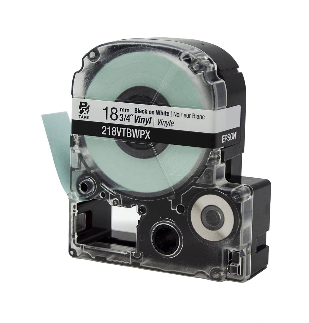 Label maker tape cartridge with 18mm black on white vinyl, teal tape roll and clear cover