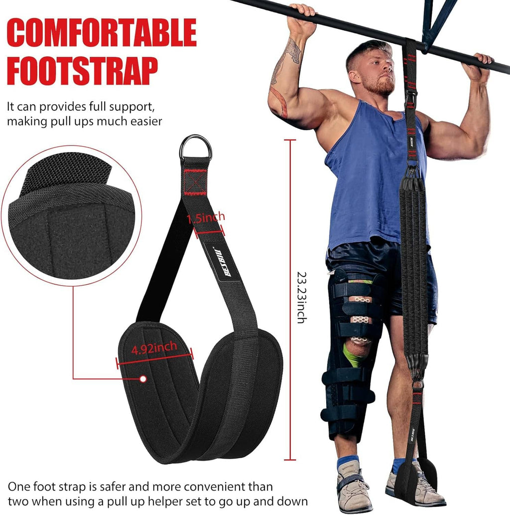 Comfort foot-strap pull-up assistance band with soft padding, black with red accents