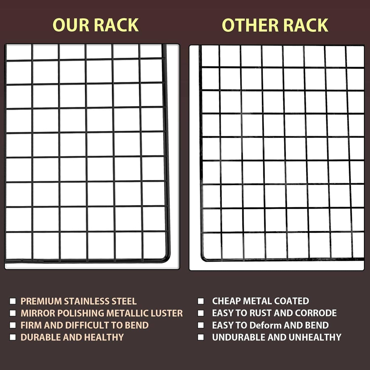 Two black wire cooling racks shown side by side with different grid thickness.