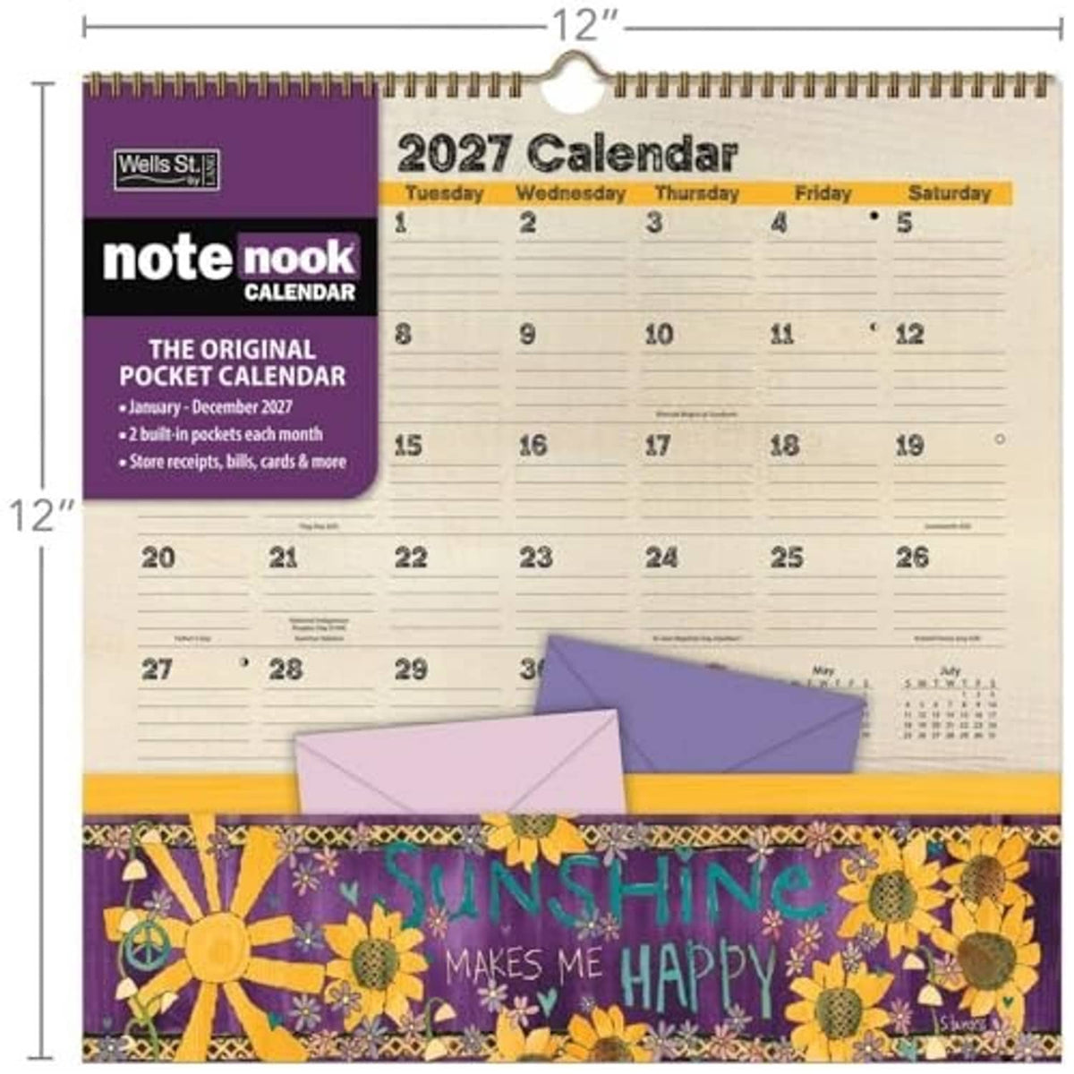 2027 note nook pocket calendar front view with dual pockets and “Sunshine Makes Me Happy”