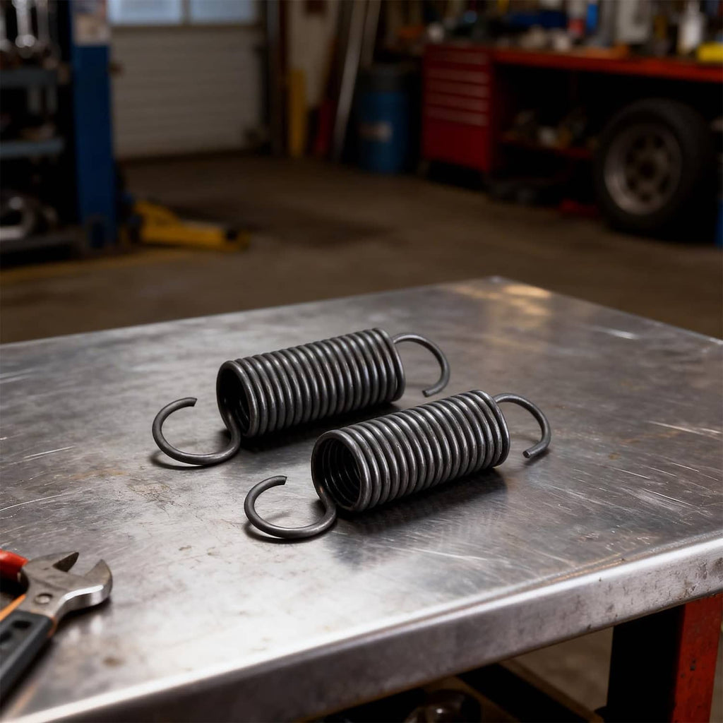 Pair of short hook tension coil springs, dark gray metal, curved hook eye ends