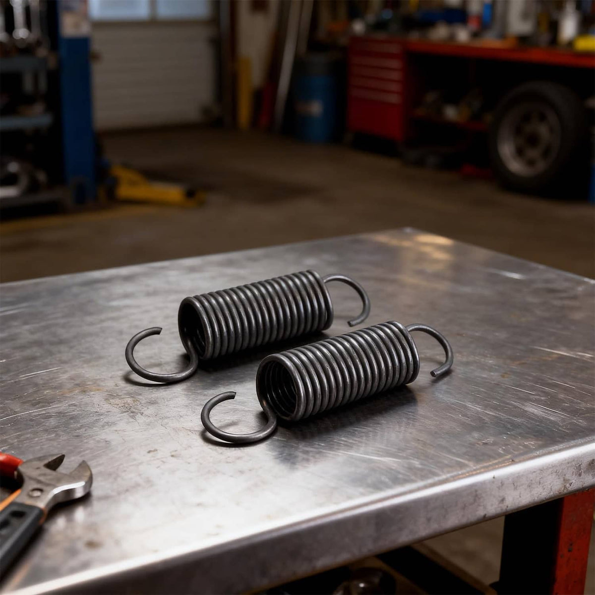 Pair of short hook tension coil springs, dark gray metal, curved hook eye ends