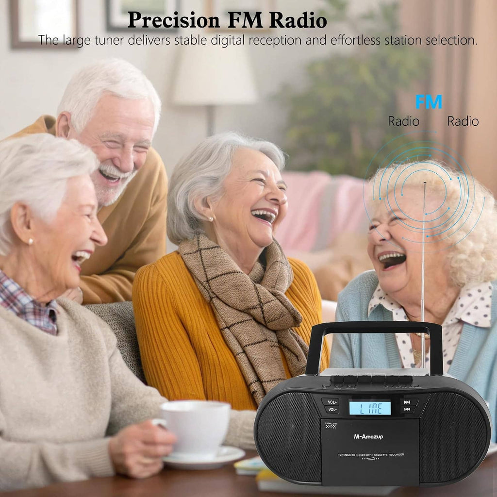 Black portable CD boombox radio player with front display and speaker grille