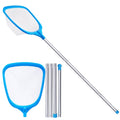 Blue pool skimmer net with white mesh bag and long silver metal pole