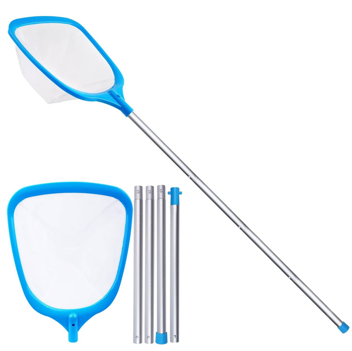Blue pool skimmer net with white mesh bag and long silver metal pole