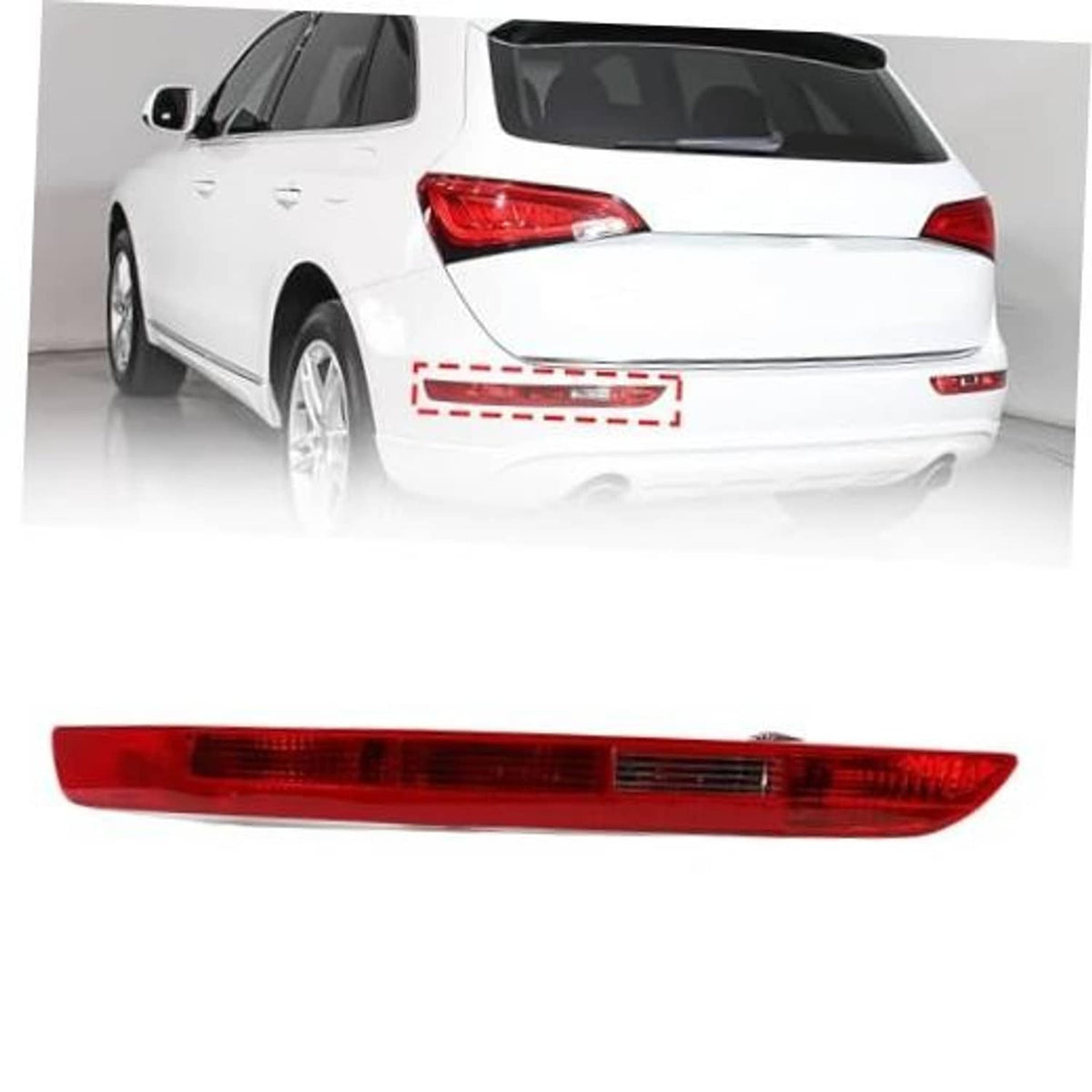 Left rear bumper tail light bar with red lens, mounted on the rear of a white car