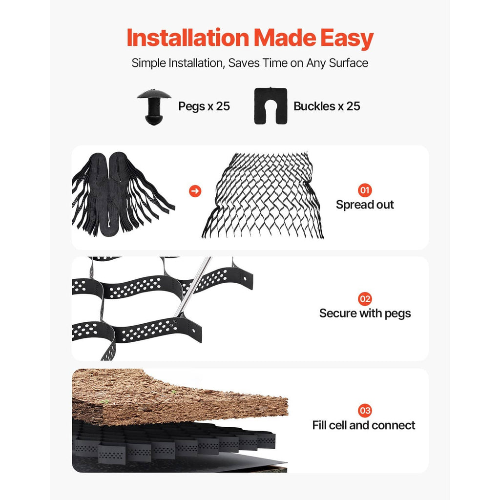 Installation parts and interlocking ground grid pieces with pegs and buckles shown