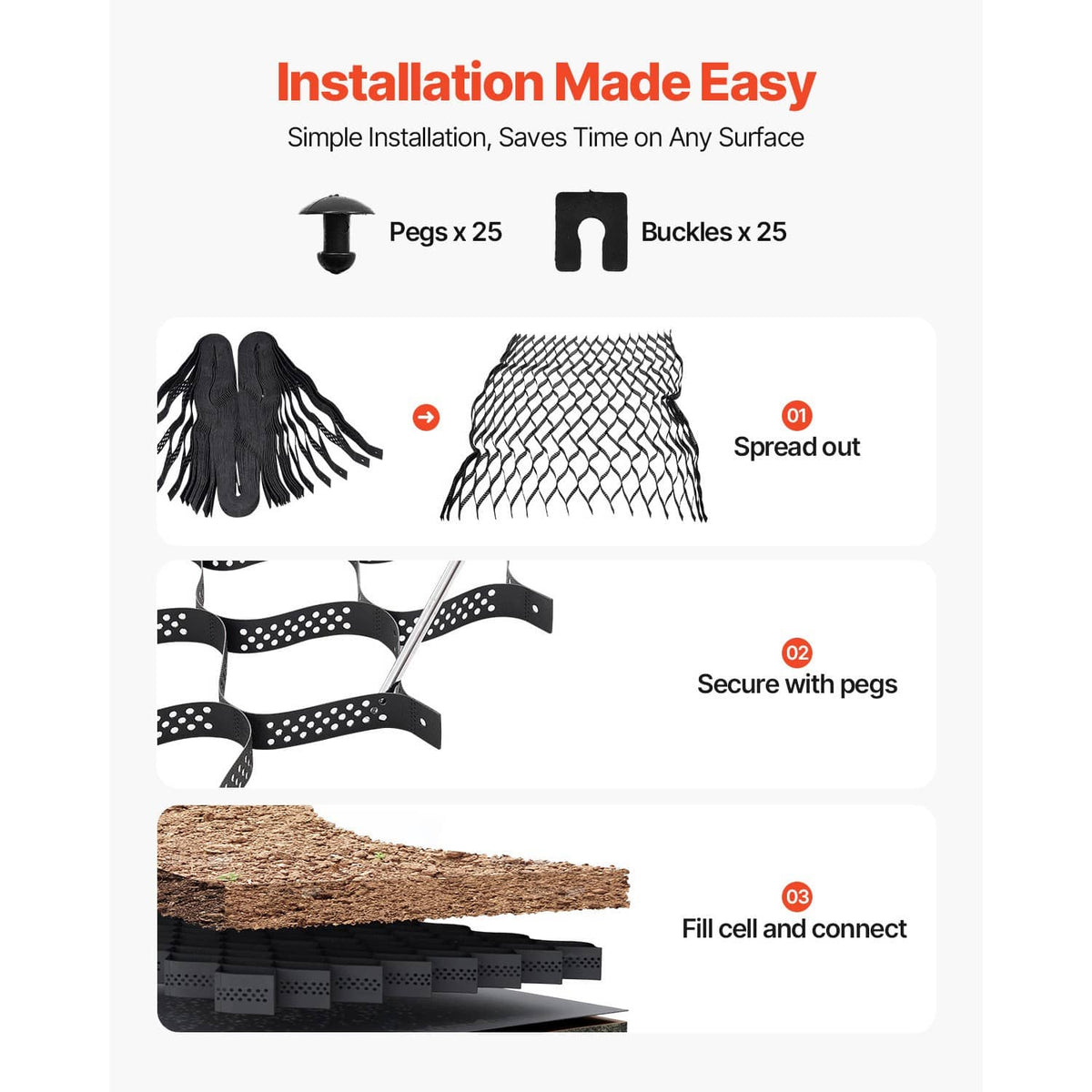 Installation parts and interlocking ground grid pieces with pegs and buckles shown