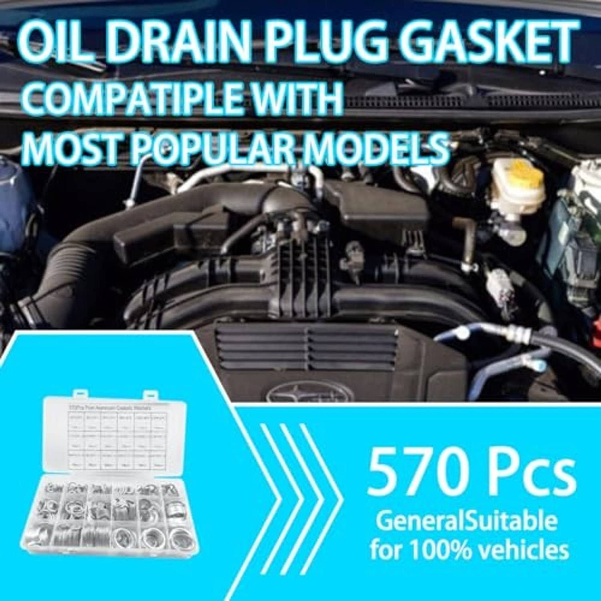 Oil drain plug gasket assortment kit with 570 aluminum washers and storage box