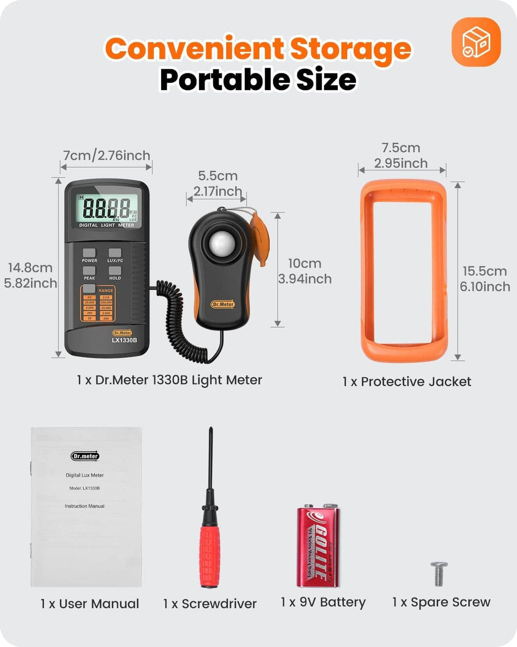 Compact digital lux light meter with orange protective jacket and coiled sensor cord