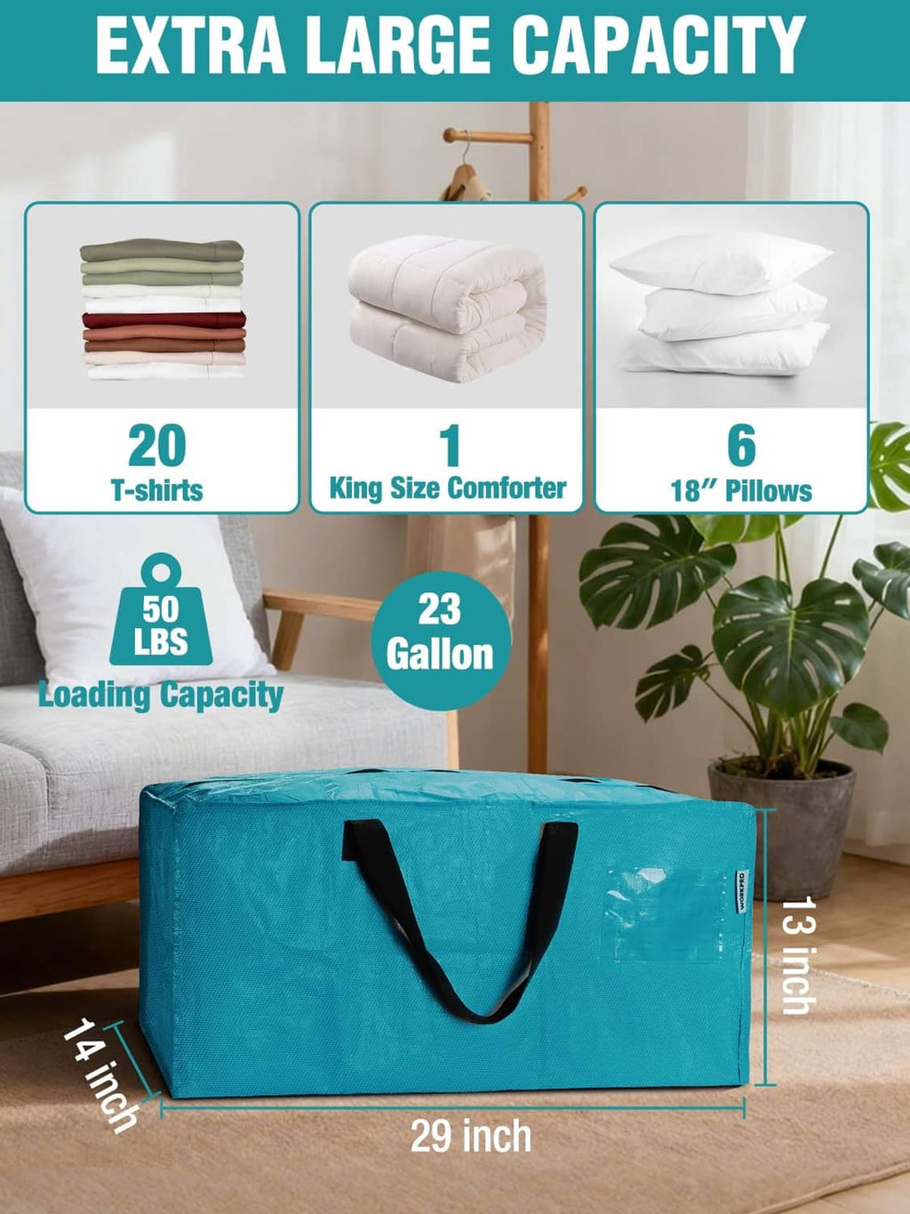 Extra-large turquoise moving bag, 29 x 13 in, with black handles and backpack straps