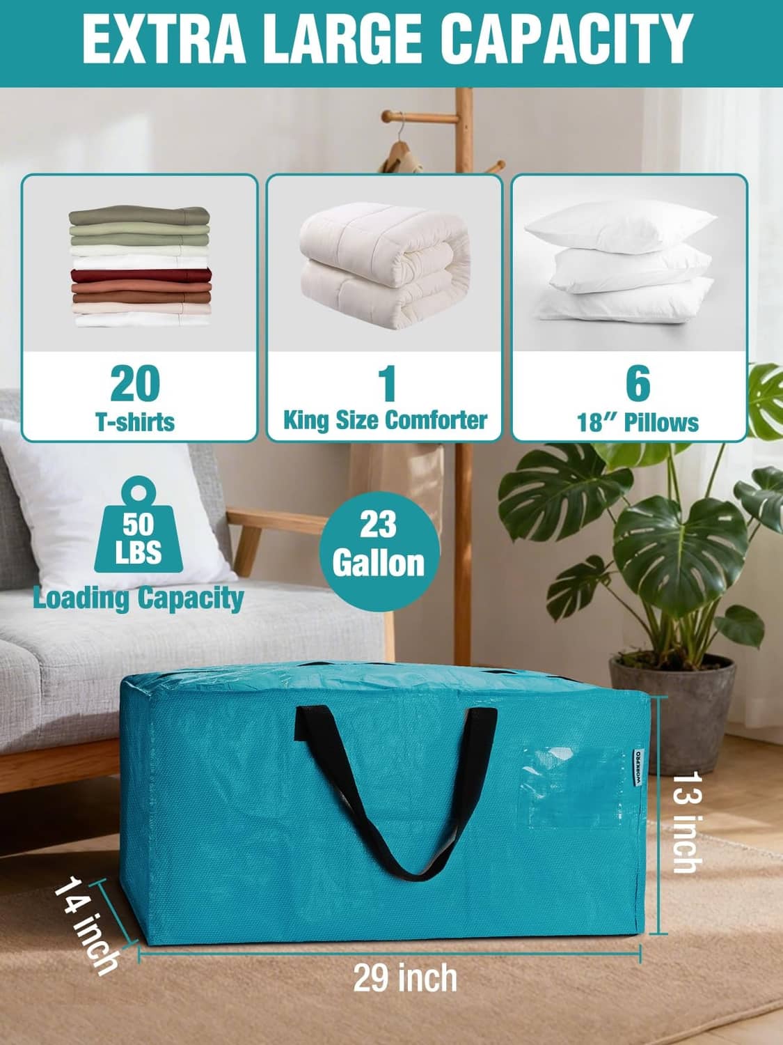 Extra-large turquoise moving bag, 29 x 13 in, with black handles and backpack straps
