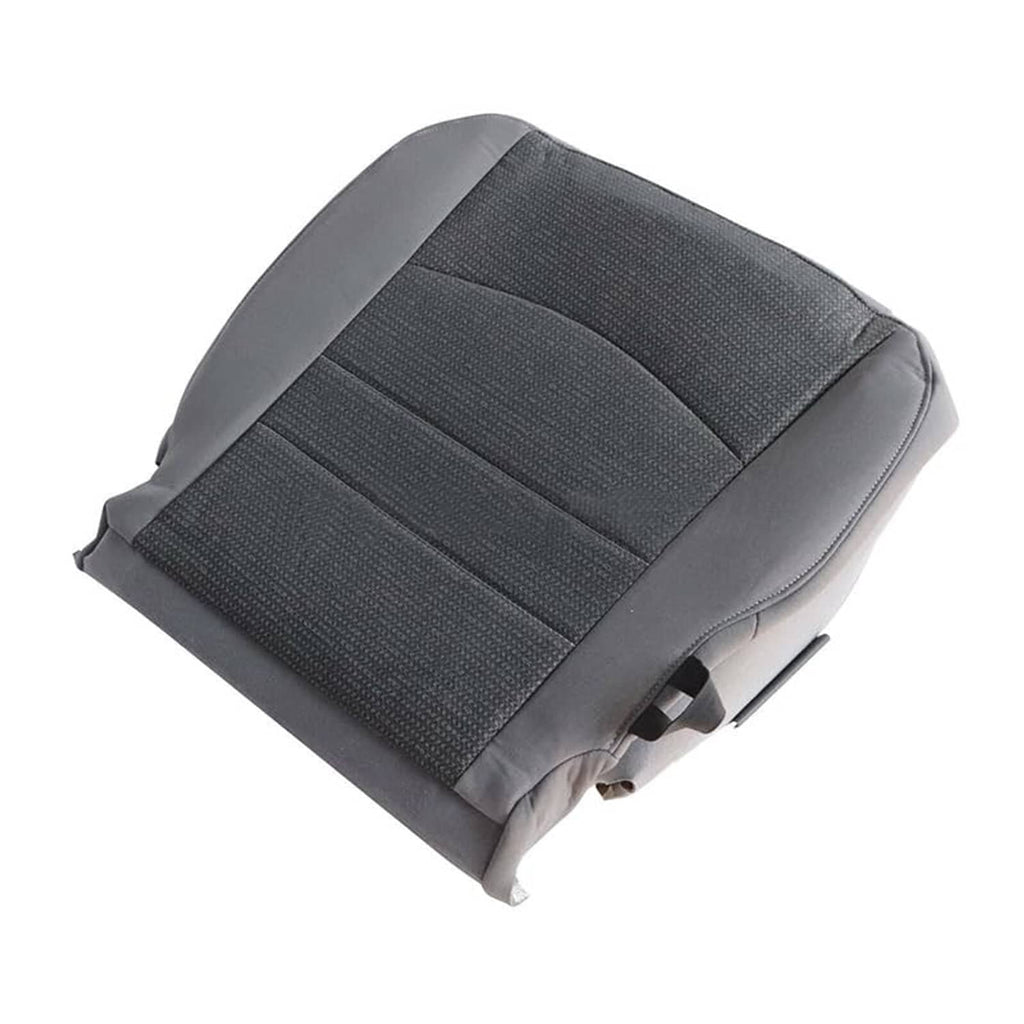 Gray cloth seat cover viewed from side with textured insert and stitched seams