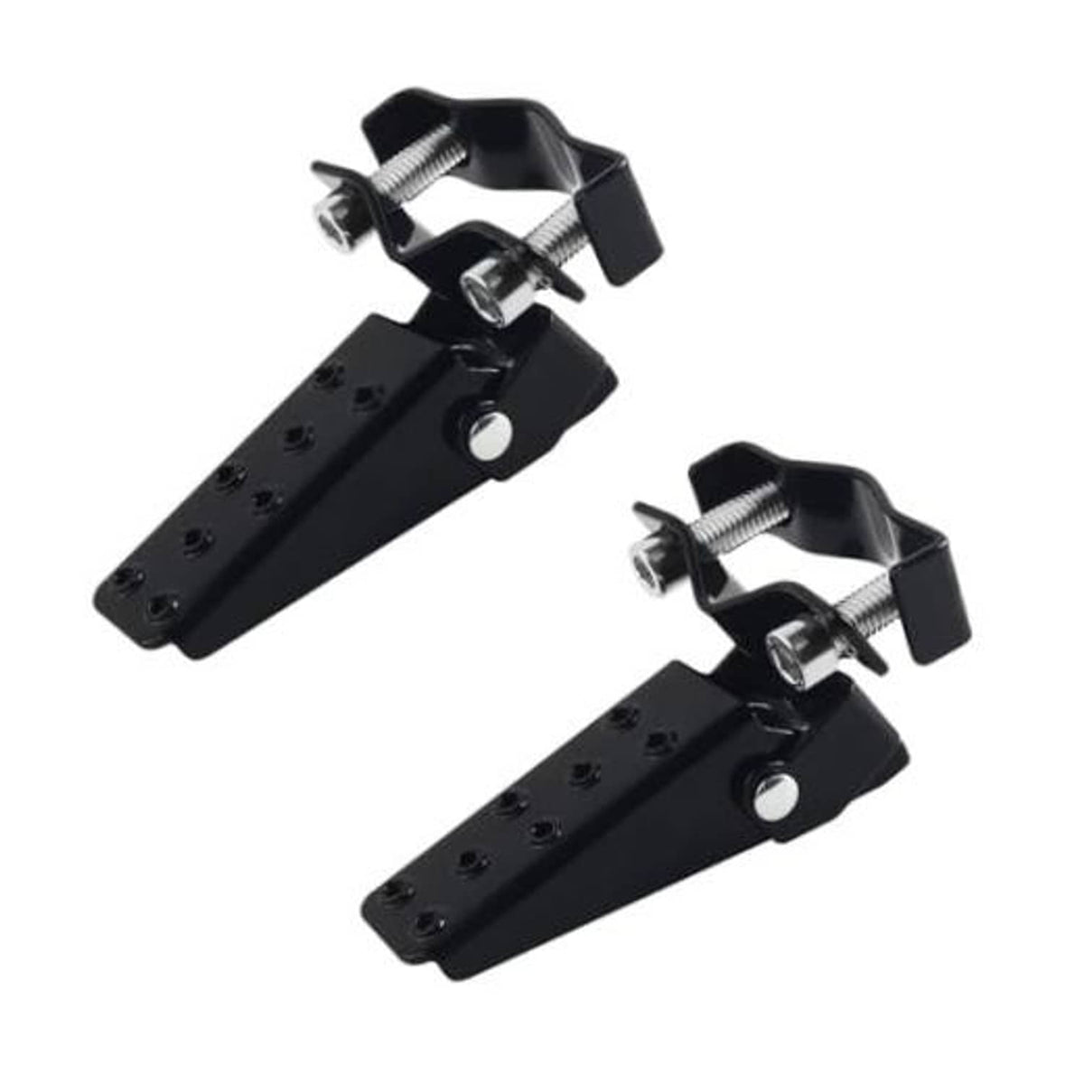 Black foldable clamp-on motorcycle foot pegs, two-piece set with mounting screws