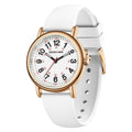 Rose gold and white nurse watch with white silicone band and multicolor dial