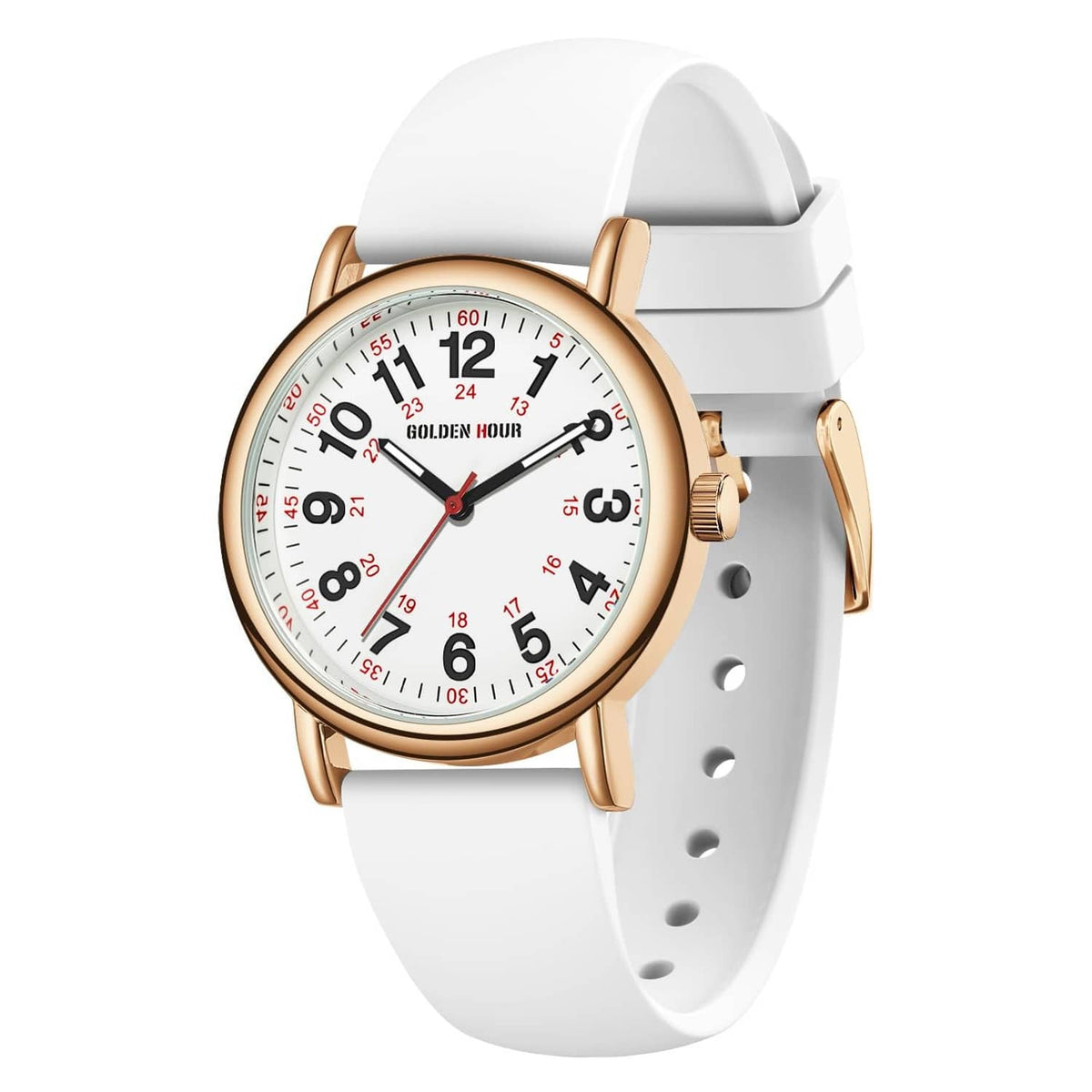 Rose gold and white nurse watch with white silicone band and multicolor dial