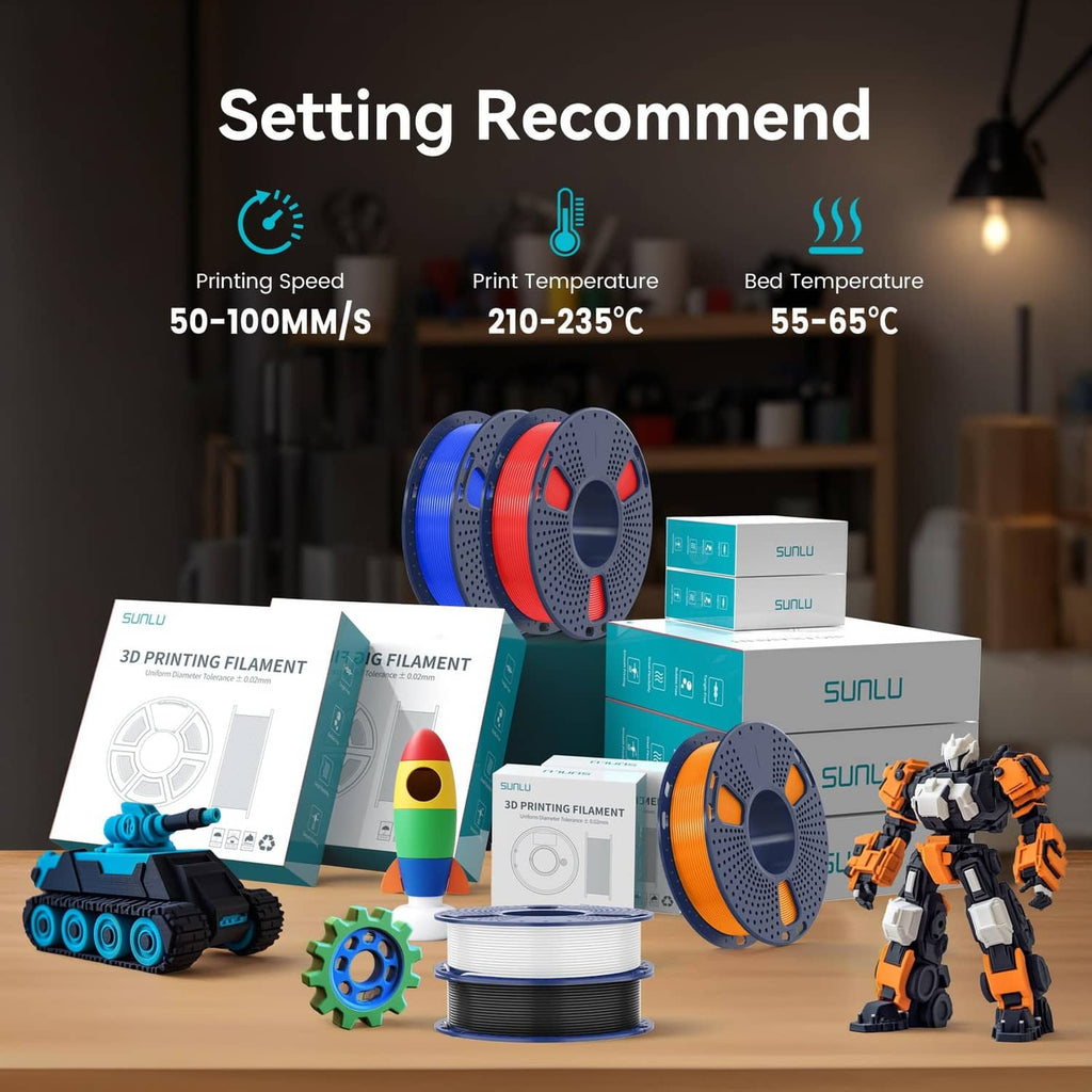 PLA Plus filament starter set with multiple color reels, boxed packaging, and models