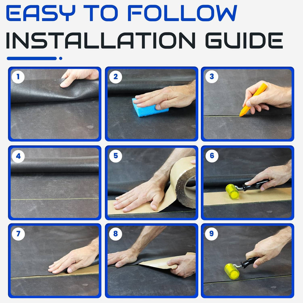 Pond liner seam tape installation guide with 9-step diagram