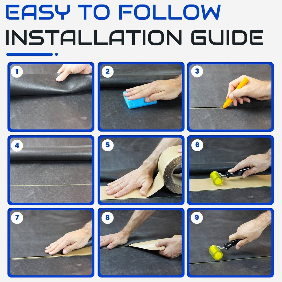 Pond liner seam tape installation guide with 9-step diagram