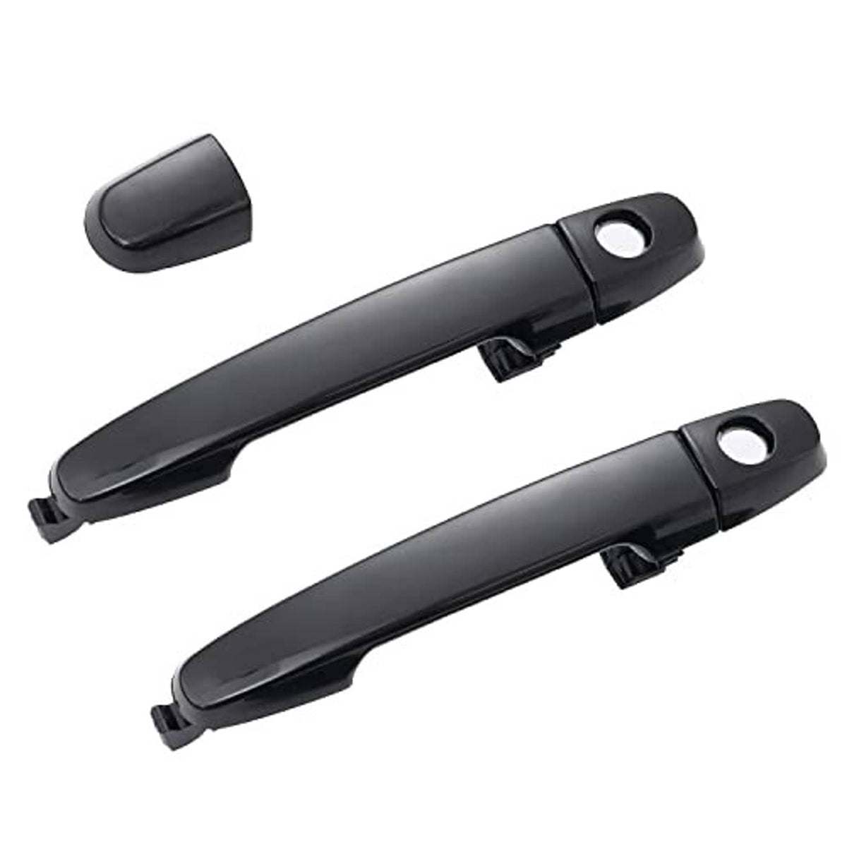 Two exterior door handles with round keyholes, plus matching small black caps