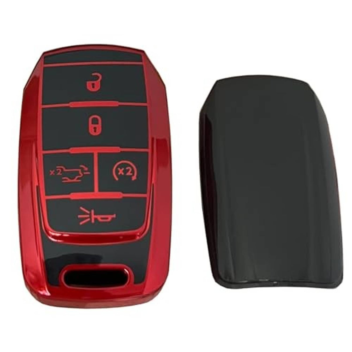 Red key fob shell with black face and separate back shell piece; keyring loop.