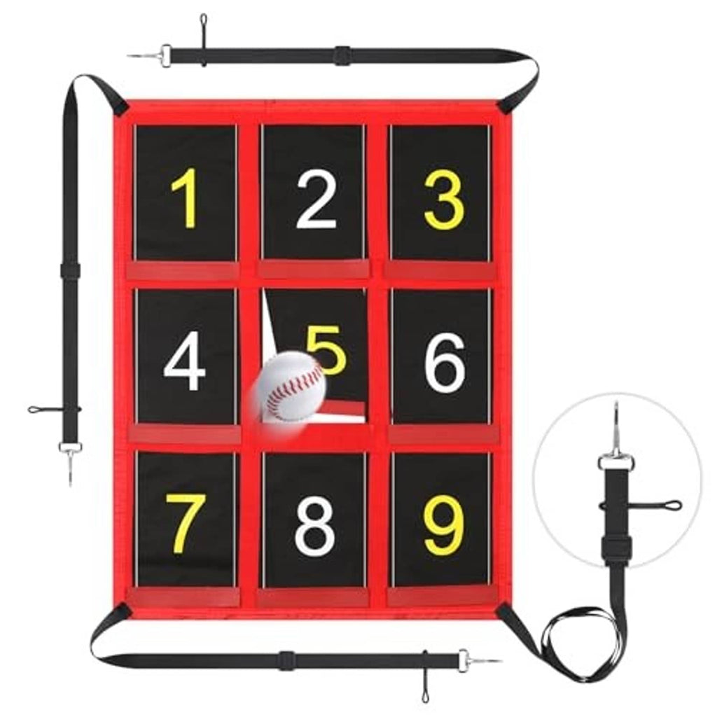 Red strike-zone pitching target with nine numbered squares and a baseball in center