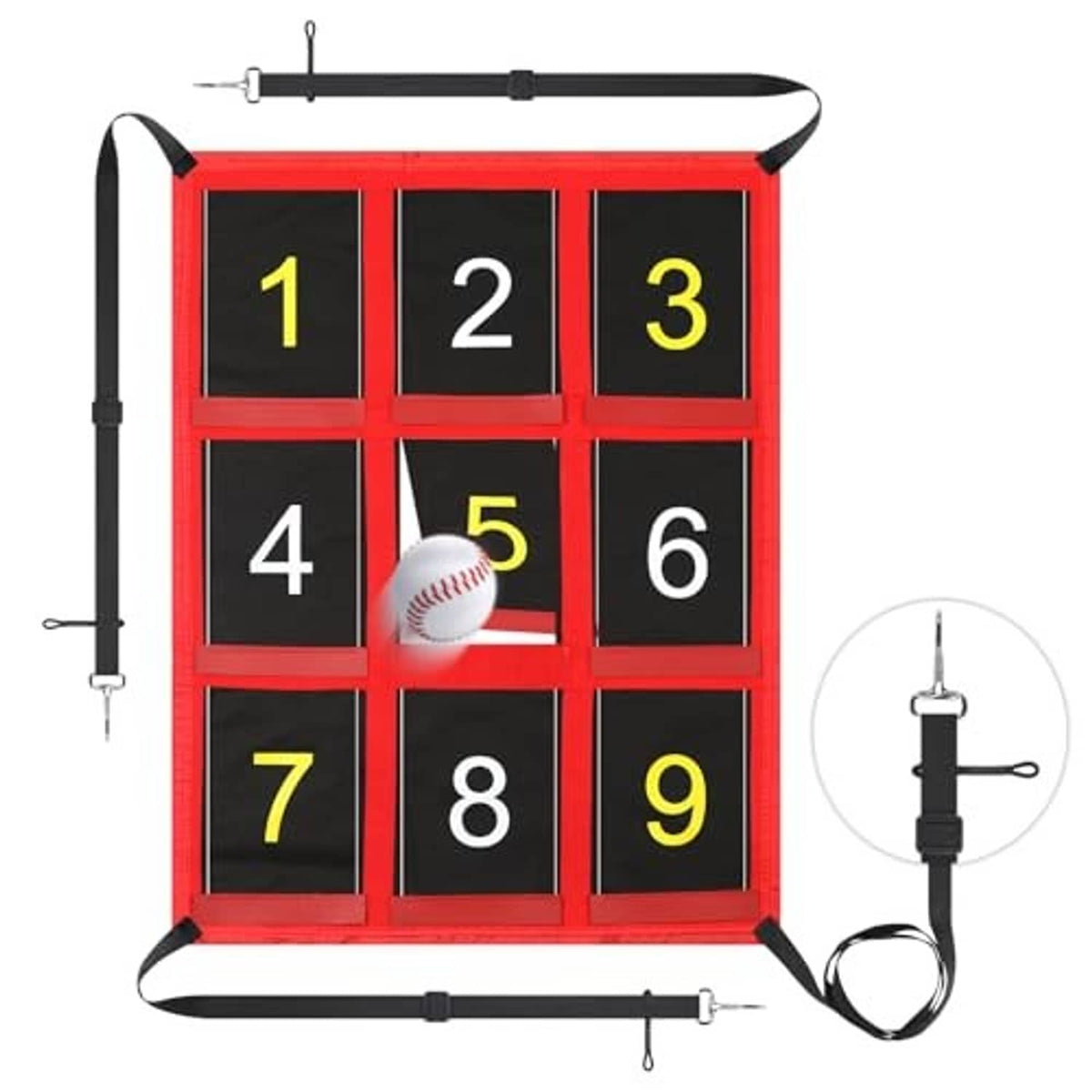 Red strike-zone pitching target with nine numbered squares and a baseball in center
