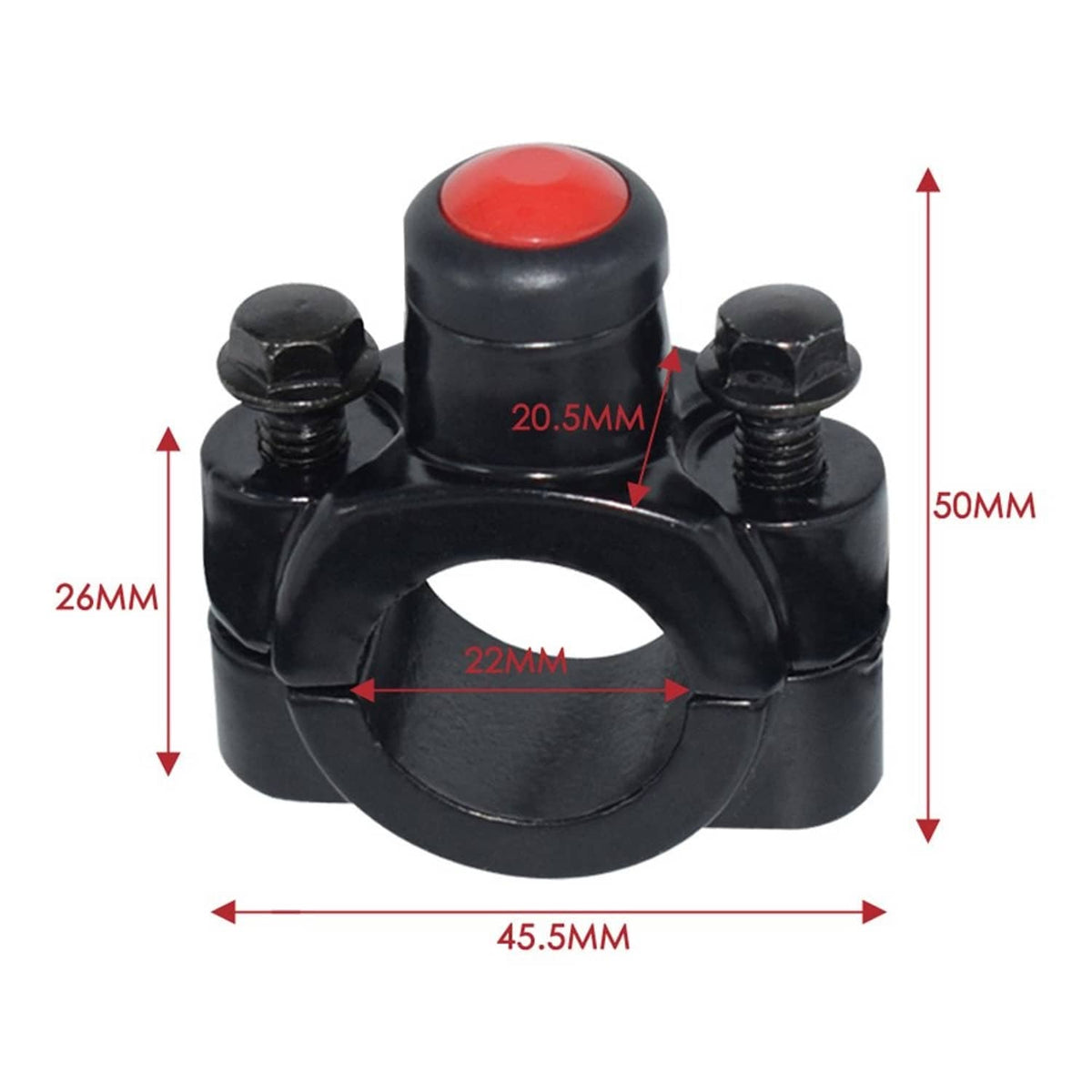 ATV handlebar kill switch, black clamp with red top momentary push button