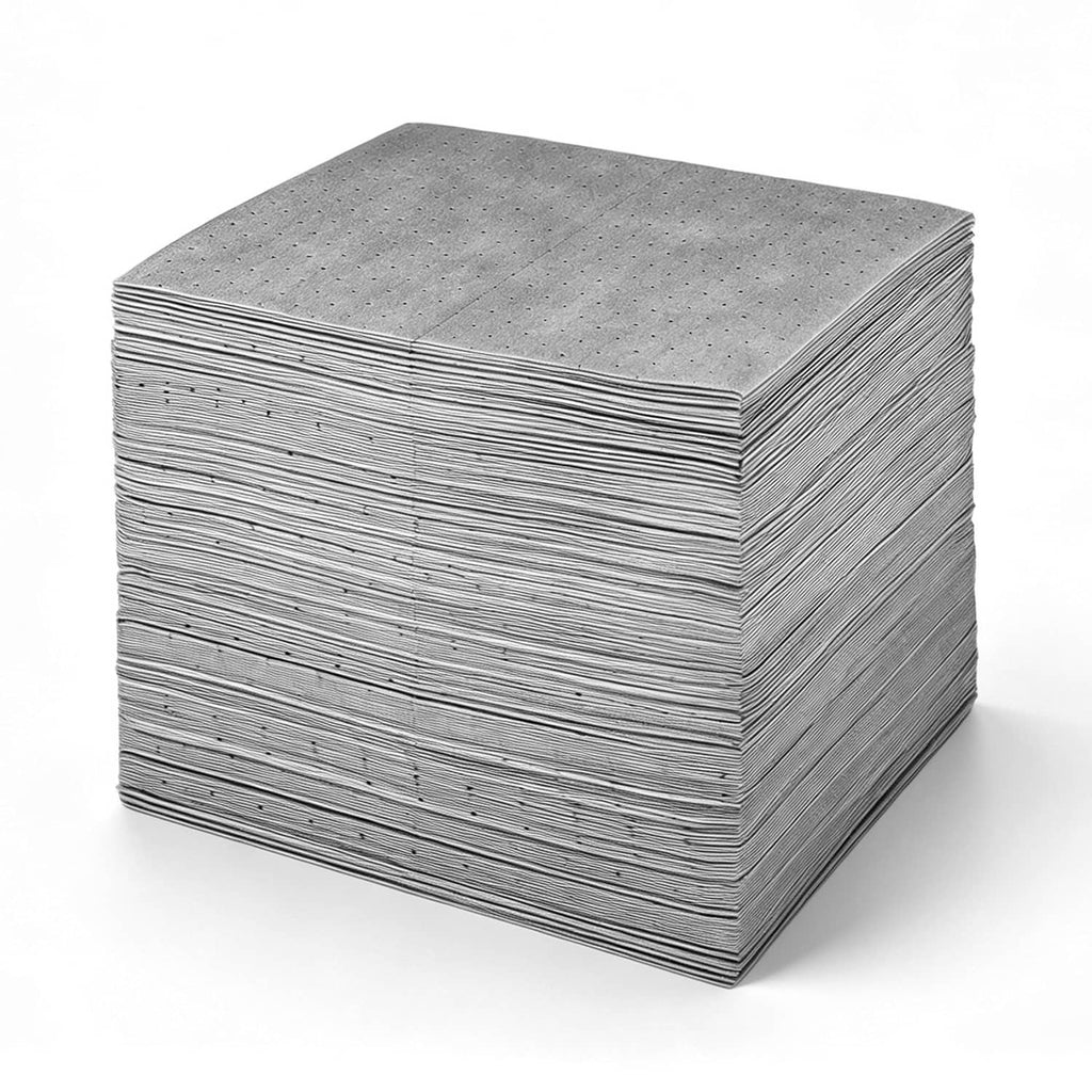 Stack of medium-duty oil and water absorbent cleanup pads, grey, 16x18 in sheets